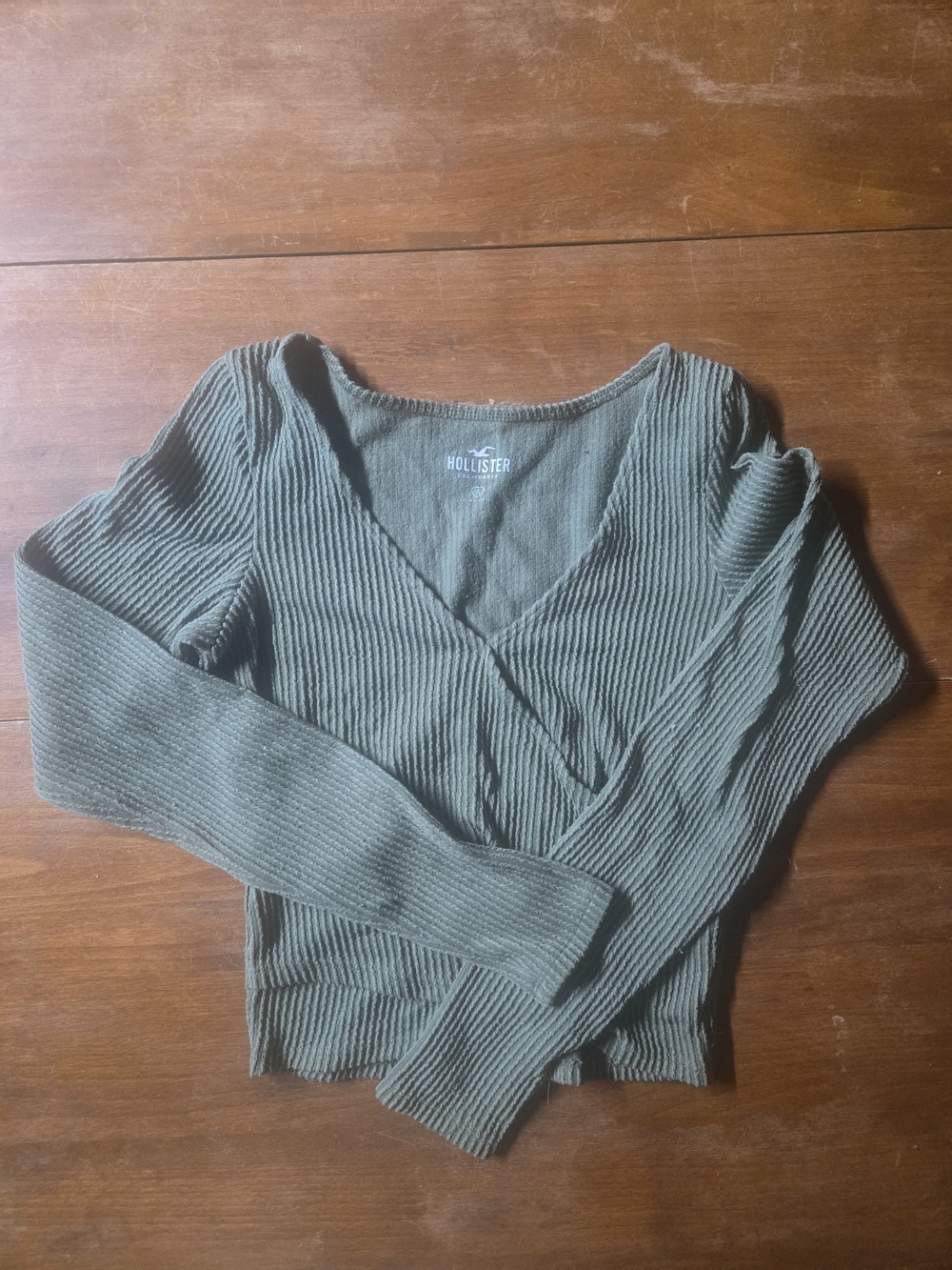 Hollister Olive Ribbed Wrap V-Neck Long Sleeve Top
